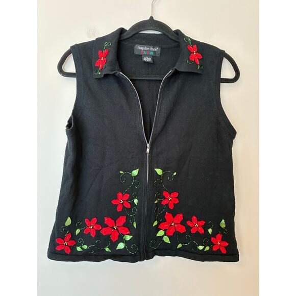 Hampshire Studio Christmas Sweater Vest Zip Up Poinsettias Women's Petite Large - Picture 1 of 5